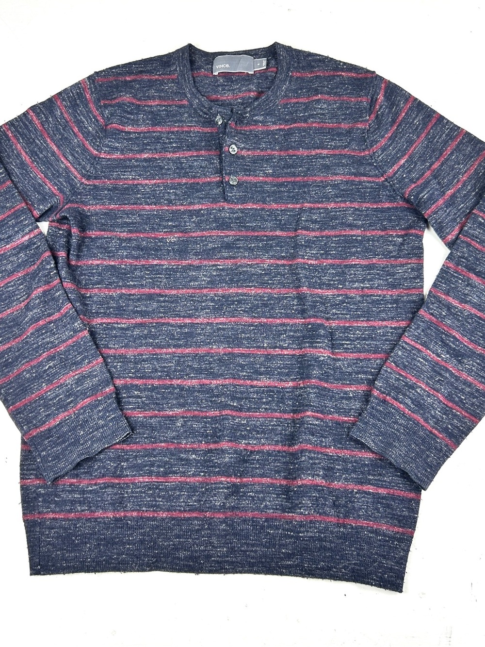 Vince Sweater Mens Small Navy Blue Gray & Red Striped Wool & Linen Henley